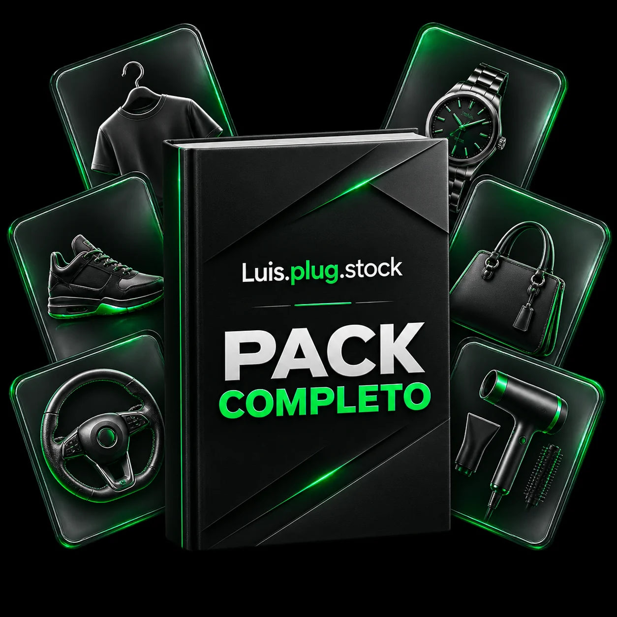 Pack completo Luis.plug.stock: guía central con ropa, reloj, calzado, bolso, volante y secador alrededor
