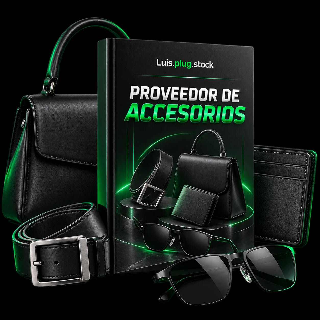 Directorio Proveedor de Accesorios de Luis.plug.stock: guía con bolso, cinturón, cartera y gafas de sol negras