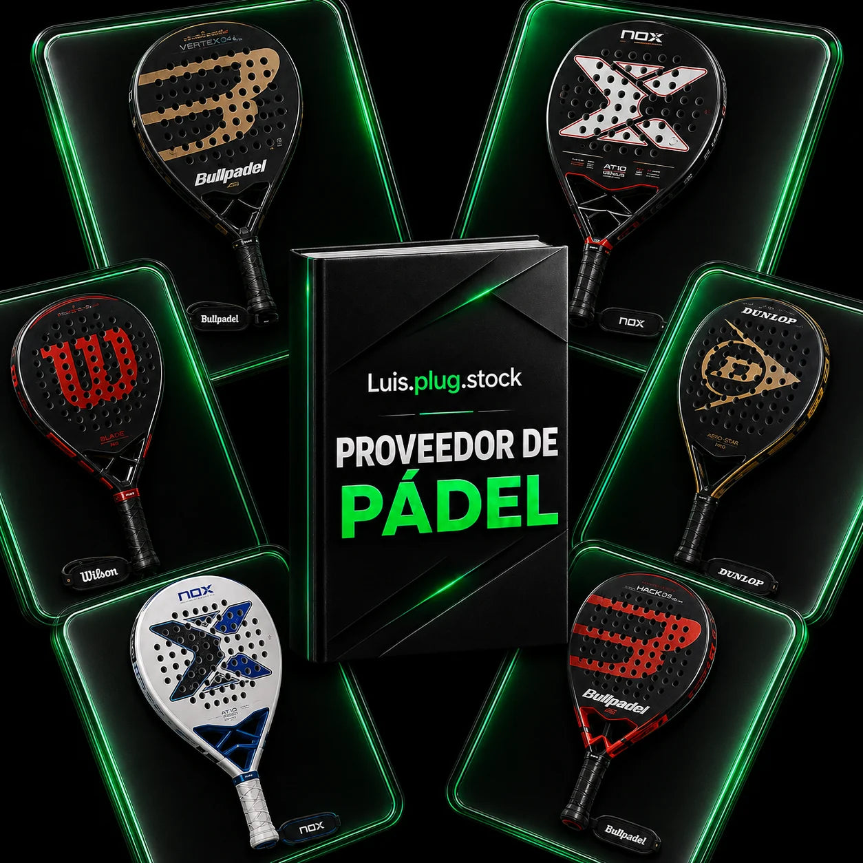 Directorio Proveedor de Pádel de Luis.plug.stock: guía rodeada de palas de pádel Bullpadel, Nox, Wilson y Dunlop