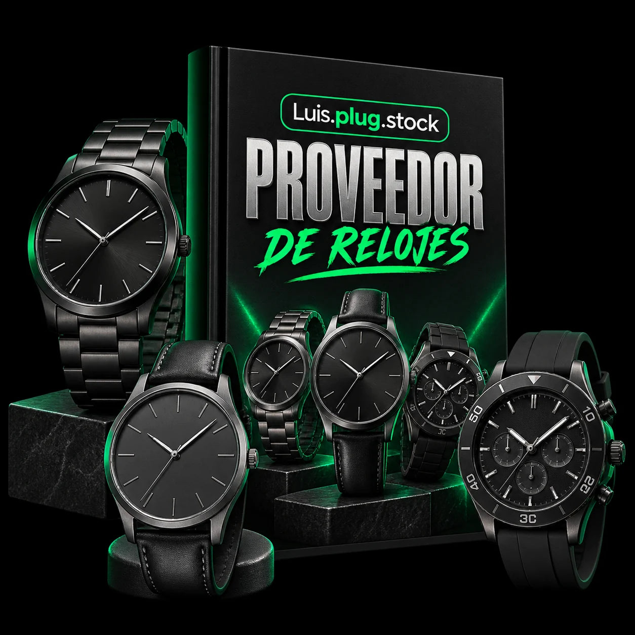 Directorio Proveedor de Relojes de Luis.plug.stock: guía rodeada de relojes de acero, piel y silicona en negro