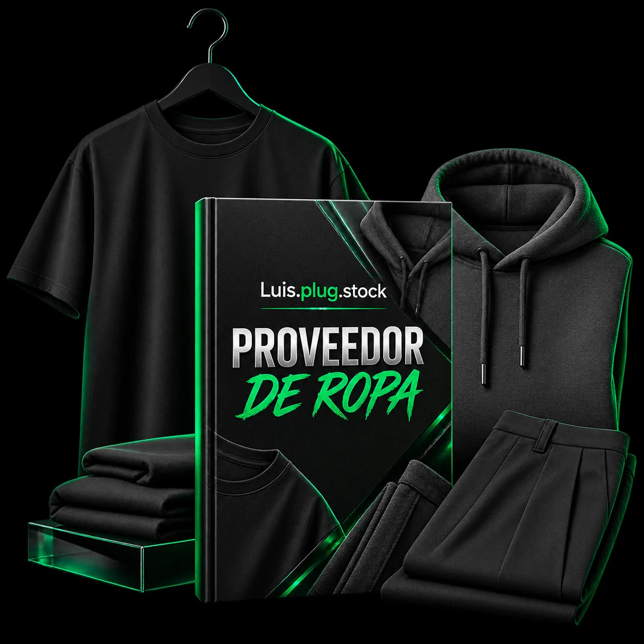 Directorio Proveedor de Ropa de Luis.plug.stock: guía junto a camiseta, sudadera con capucha y pantalones negros