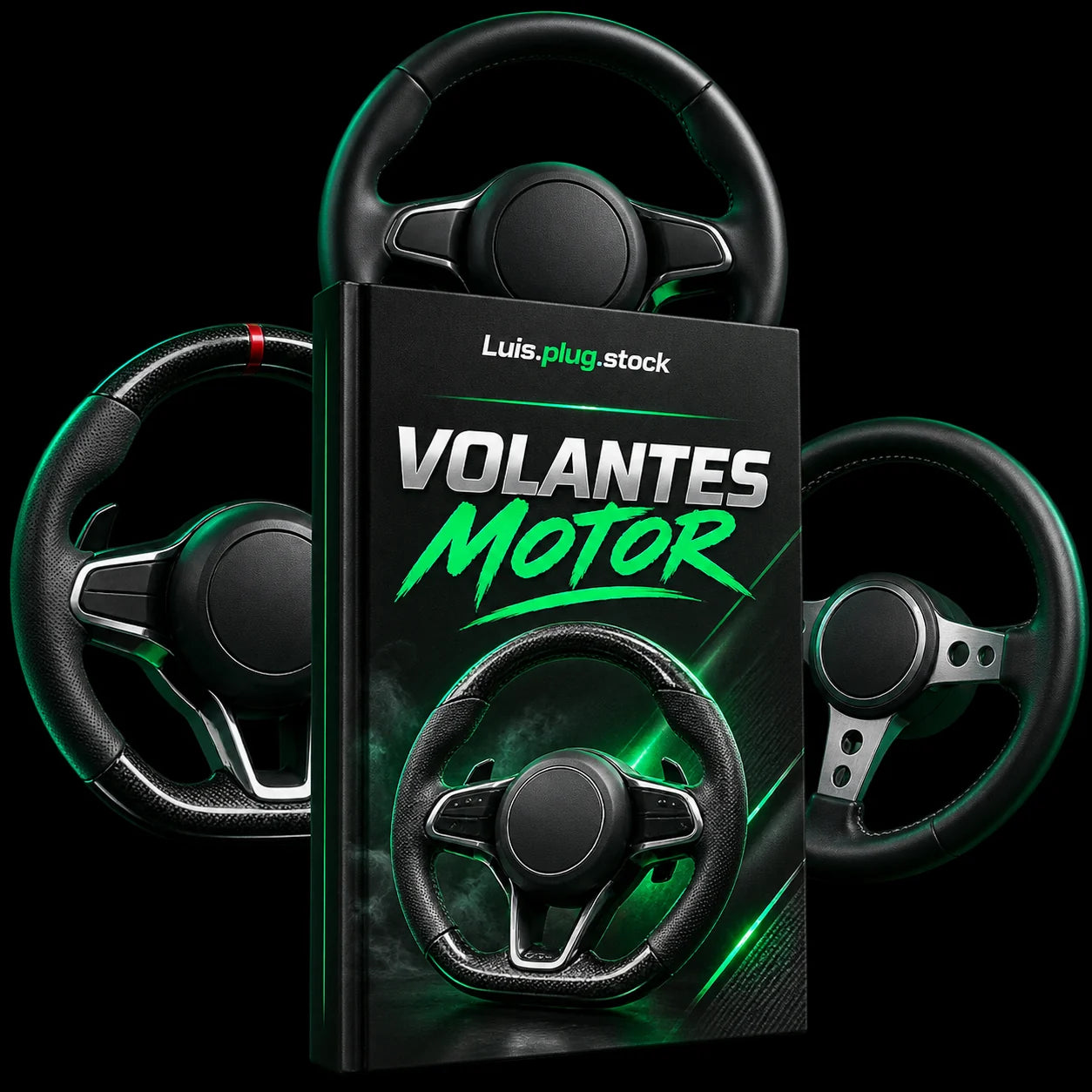 Directorio Volantes y Motor de Luis.plug.stock: guía rodeada de volantes deportivos negros